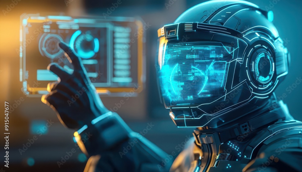A person in a futuristic suit interacting with holographic VPN interfaces, glowing blue, scifi style, digital art, copy space, focus cover all object, deep dept of field A person in a futuristic suit interacting with holographic VPN interfaces, glowing blue, scifi style, digital art, copy space, focus cover all object, deep dept of field