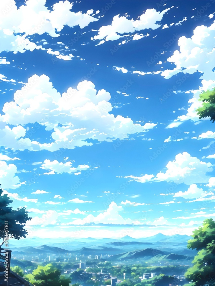 Fototapeta premium Bright sky in a sunny day in anime style