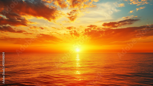 Sunrise over the sea, orange-red sky with light clouds