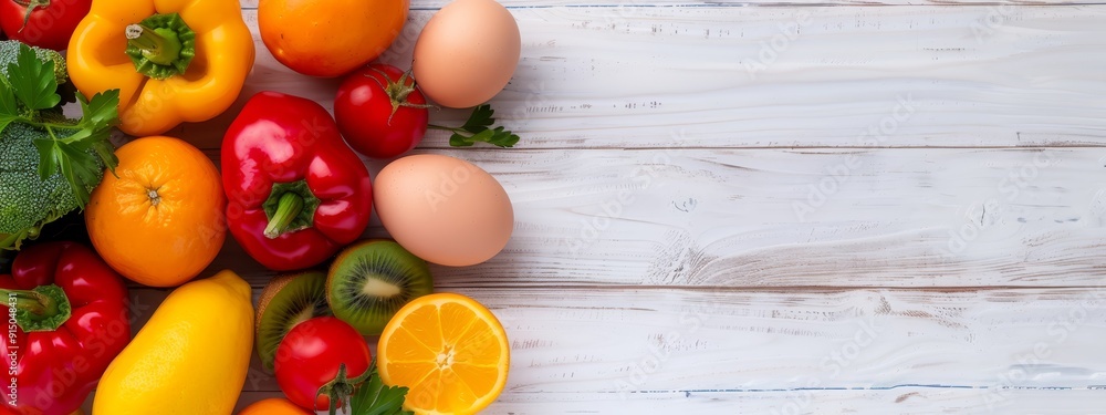 A colorful arrangement of fruits and vegetables on a pristine white wooden tableau, with an allocated space for text on the left side A colorful arrangement of fruits and vegetables on a pristine white wooden tableau, with an allocated space for text on the left side