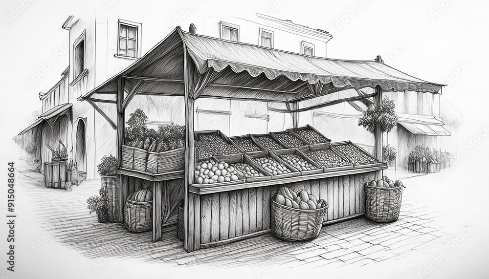 A pencil drawing of a quaint market stall with fresh produce. A pencil drawing of a quaint market stall with fresh produce.