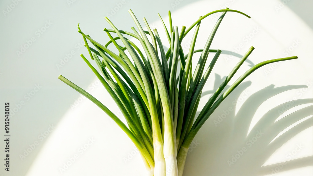Bunch spring green onions are placed on white table. Lighting is coming from side. Generative AI Bunch spring green onions are placed on white table. Lighting is coming from side. Generative AI