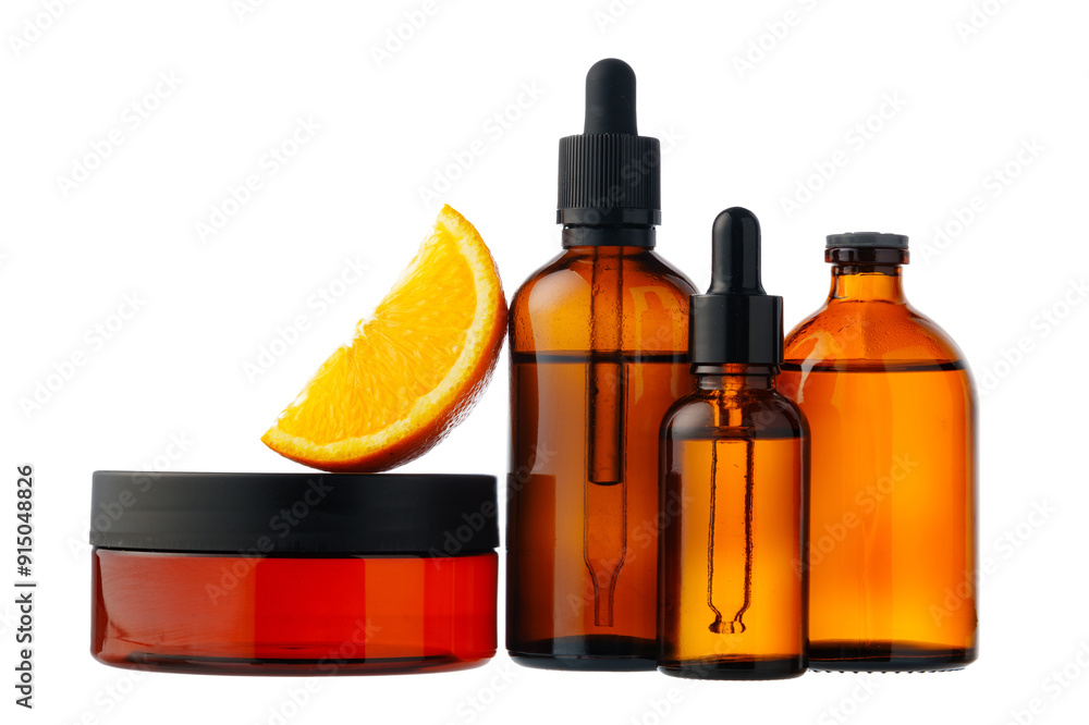 Vitamin C cosmetic bottle in with orange on white background Vitamin C cosmetic bottle in with orange on white background