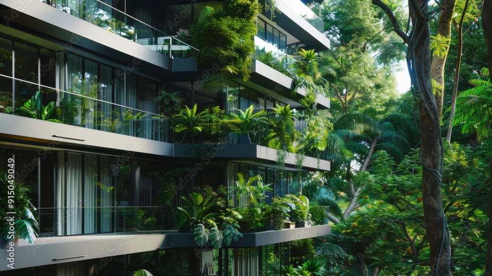 A stylish, multi-story residential building with extensive greenery decorating its façade, epitomizing eco-friendly urban development. A stylish, multi-story residential building with extensive greenery decorating its façade, epitomizing eco-friendly urban development.