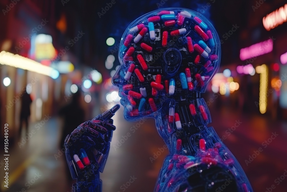 Neon lit robotic head pondering over human like thoughts showcasing the blend of technology and emotion in AI development Neon lit robotic head pondering over human like thoughts showcasing the blend of technology and emotion in AI development