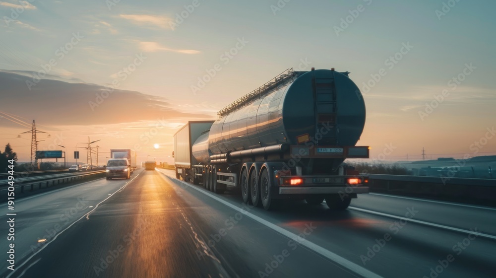 A semi-truck and trailer navigate a morning highway, bathed in the golden light of sunrise, embodying the early hustle of daily life and travel. A semi-truck and trailer navigate a morning highway, bathed in the golden light of sunrise, embodying the early hustle of daily life and travel.
