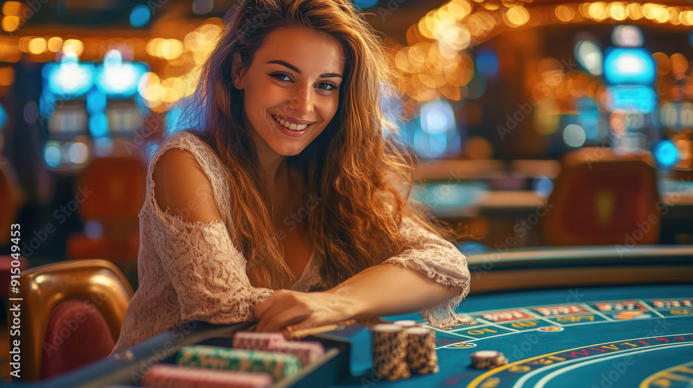 Fototapeta premium Woman Dealer Standing by Casino Table Playing Poker and Roulette