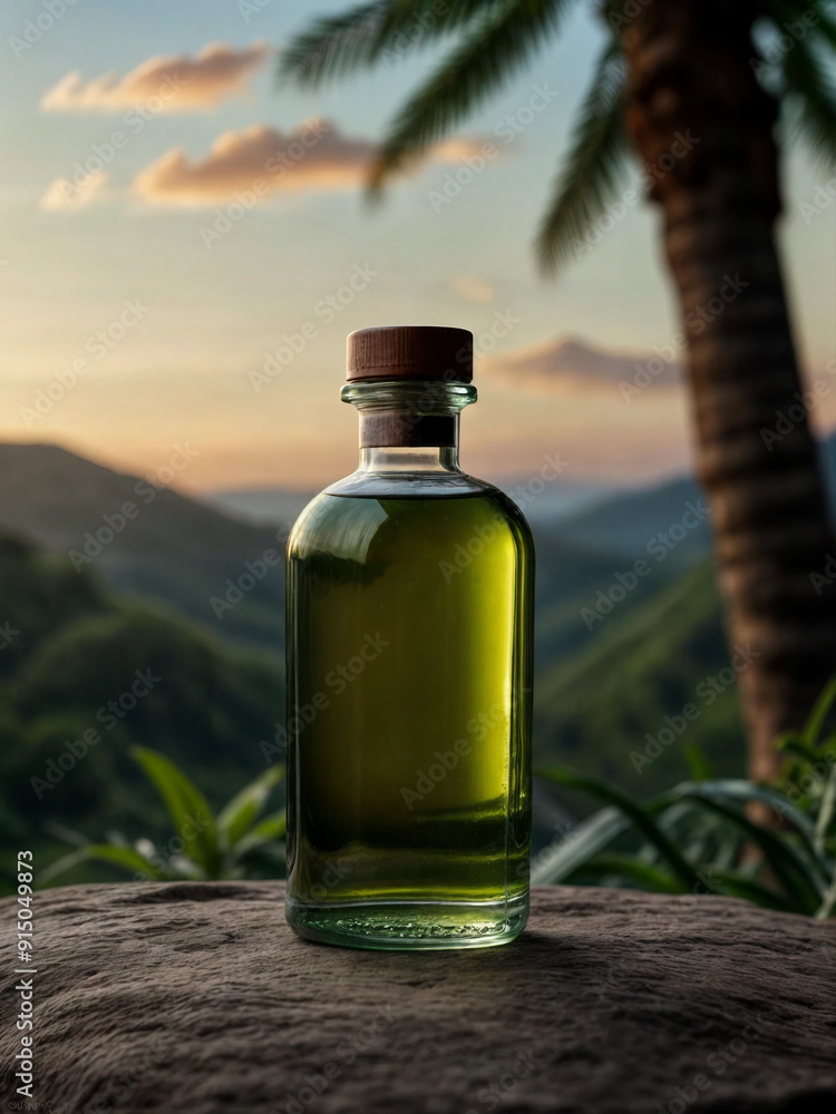 Bottle of green liquid against sunset and mountain landscape. Generative AI Bottle of green liquid against sunset and mountain landscape. Generative AI
