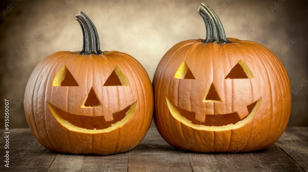 Two eerie jack o'lanterns illuminating rustic wood in the darkness of halloween night, setting a spooky and festive mood Two eerie jack o'lanterns illuminating rustic wood in the darkness of halloween night, setting a spooky and festive mood