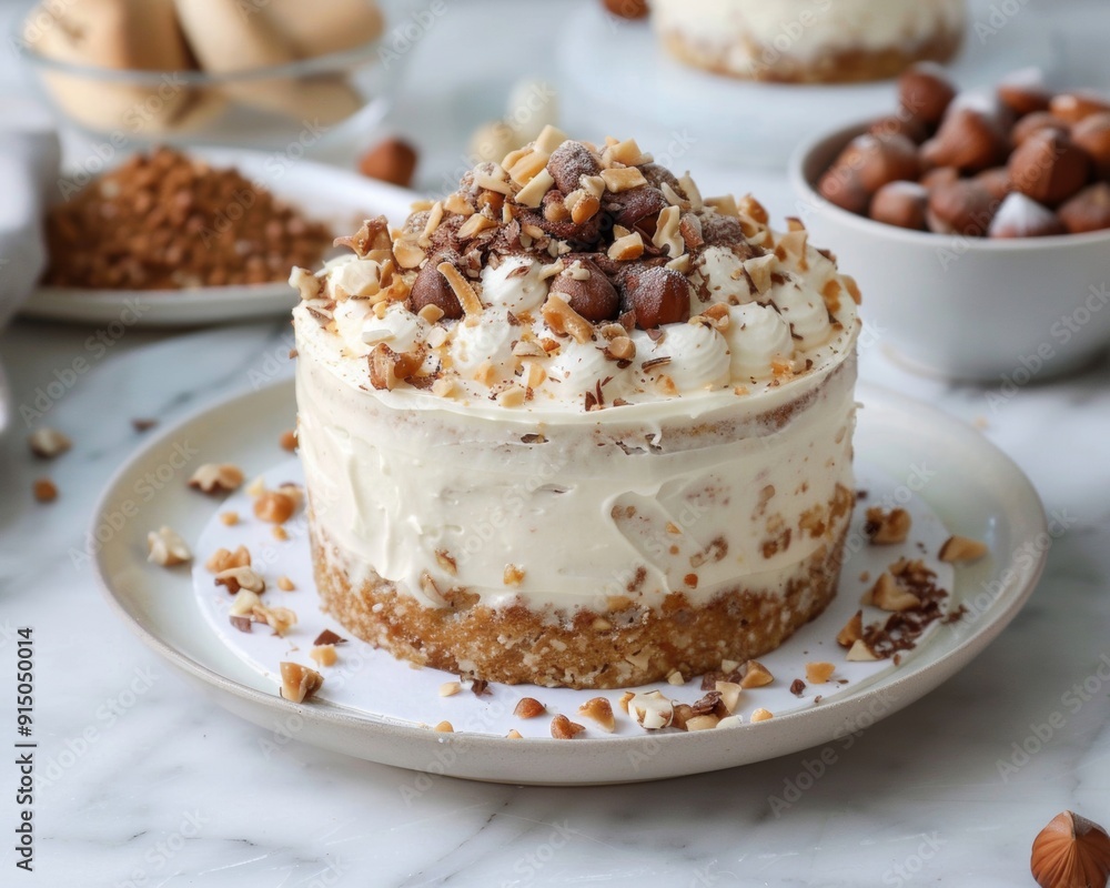 Indulge in a hazelnut cream cake adorned with hazelnut shavings on top