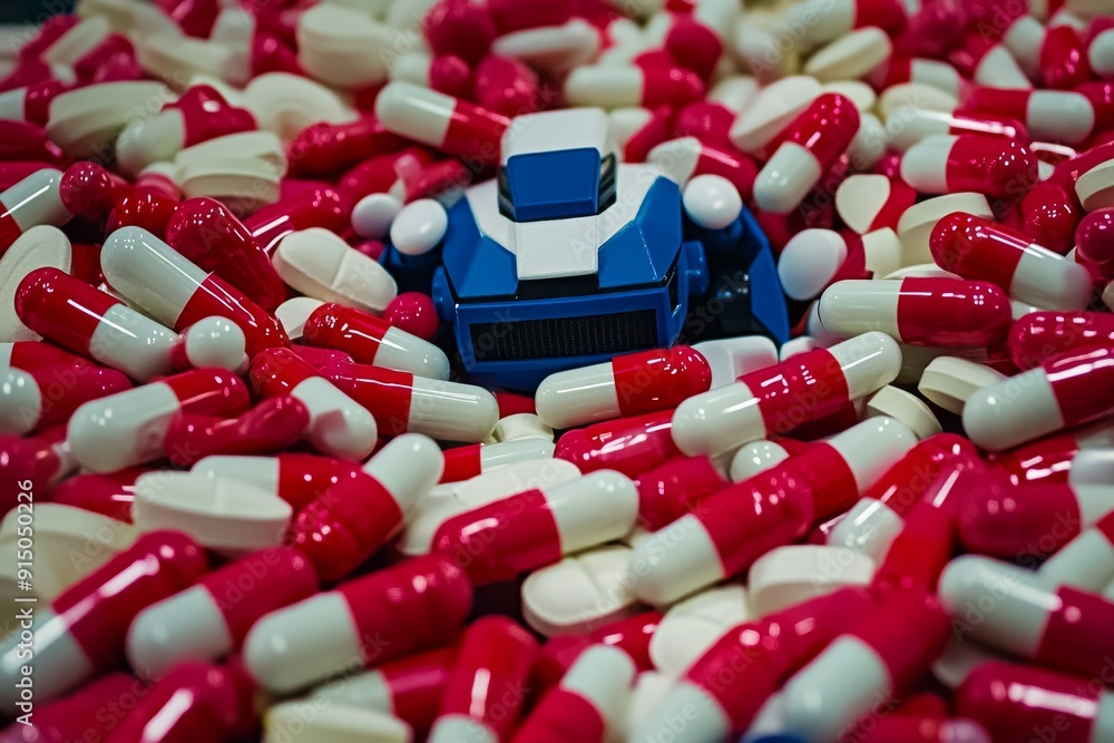 Red and blue capsules on a robotic assembly line highlighting the integration of technology and pharmaceutical production Red and blue capsules on a robotic assembly line highlighting the integration of technology and pharmaceutical production