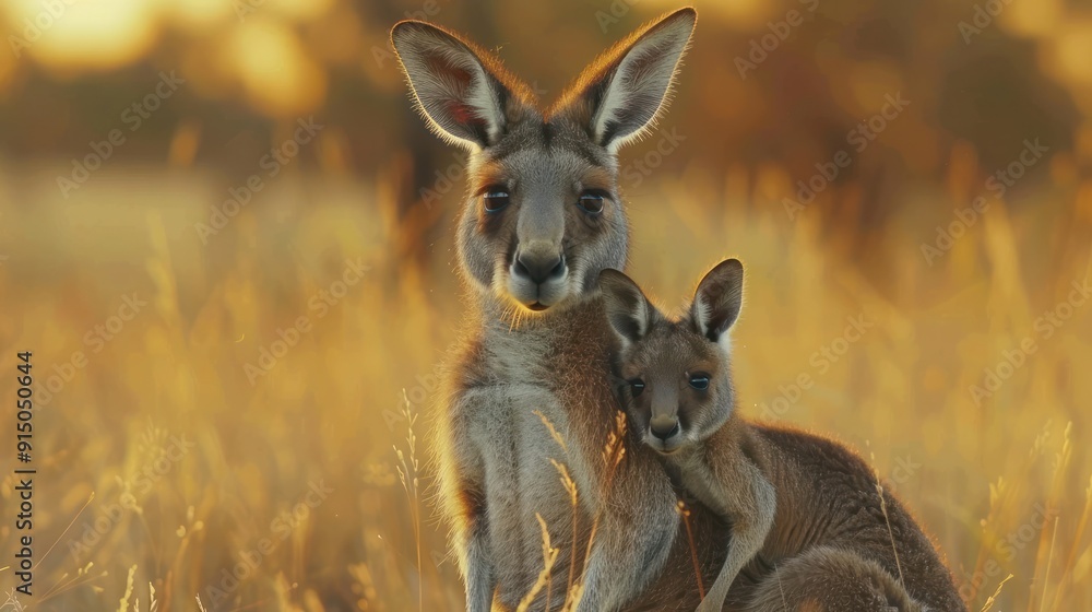 Mother Kangaroo Protecting Her Joey in the Golden Light Mother Kangaroo Protecting Her Joey in the Golden Light