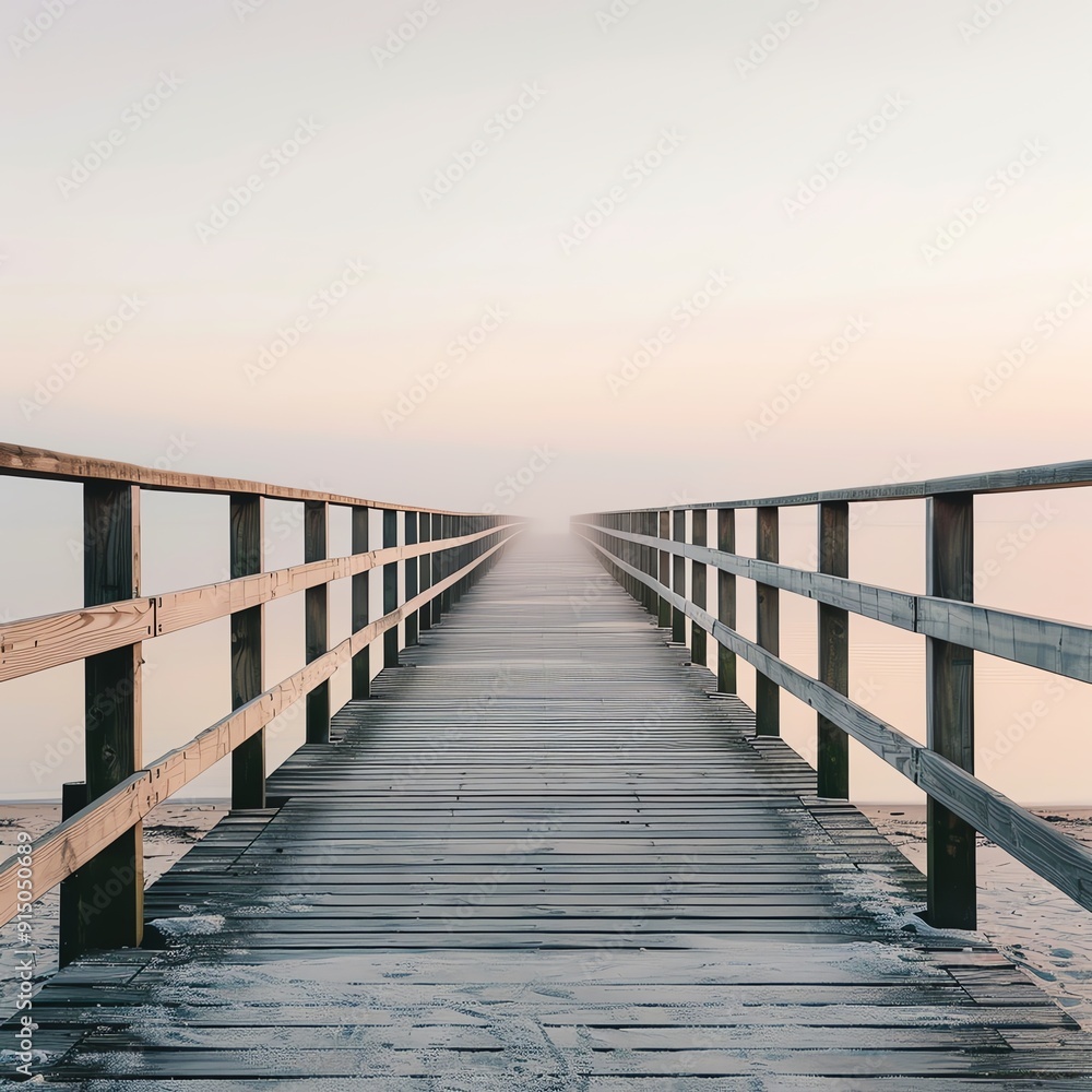 Serene view of a wooden pier extending into the misty horizon over calm waters, evoking tranquility and contemplation. Serene view of a wooden pier extending into the misty horizon over calm waters, evoking tranquility and contemplation.