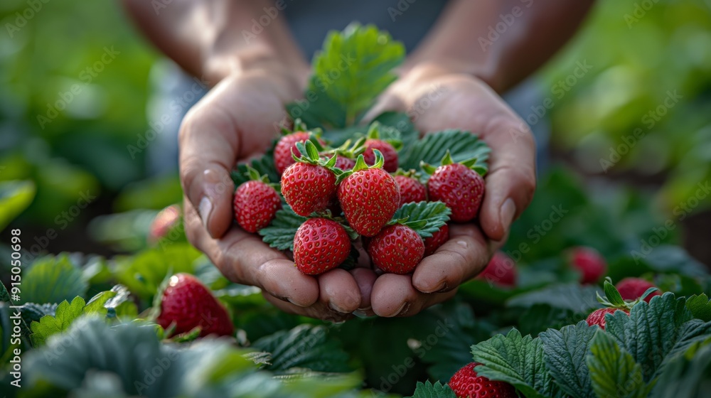 Freshly harvested strawberries are cradled in a farmer's hands, showcasing their vibrant red color against green leaves. Freshly harvested strawberries are cradled in a farmer's hands, showcasing their vibrant red color against green leaves.