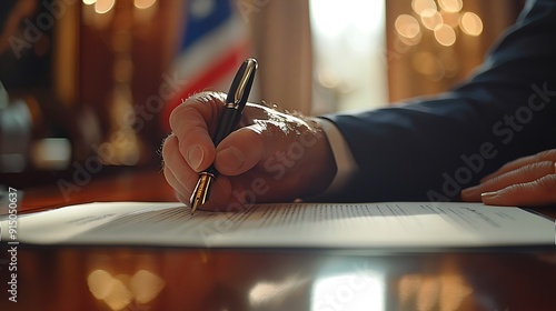A close-up shot of a hand signing an official government contract, sleek fountain pen in hand, national flag visible in the background, formal office setting, wooden desk,