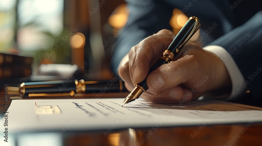 A detailed shot of a hand signing a product warranty registration, luxury pen, product box in focus, professional office background, wooden desk with documents, registration text out of focus, A detailed shot of a hand signing a product warranty registration, luxury pen, product box in focus, professional office background, wooden desk with documents, registration text out of focus,