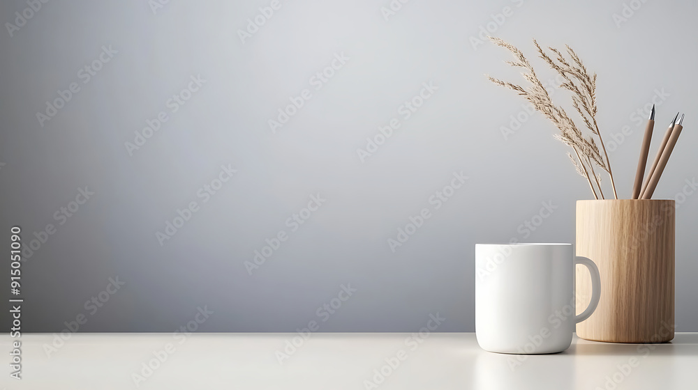 Minimalist plain white desk, pen holder and mug on the right side, and simple wooden vase behind it. The background is a clean grey wall for copy space. Generative AI illustration Minimalist plain white desk, pen holder and mug on the right side, and simple wooden vase behind it. The background is a clean grey wall for copy space. Generative AI illustration