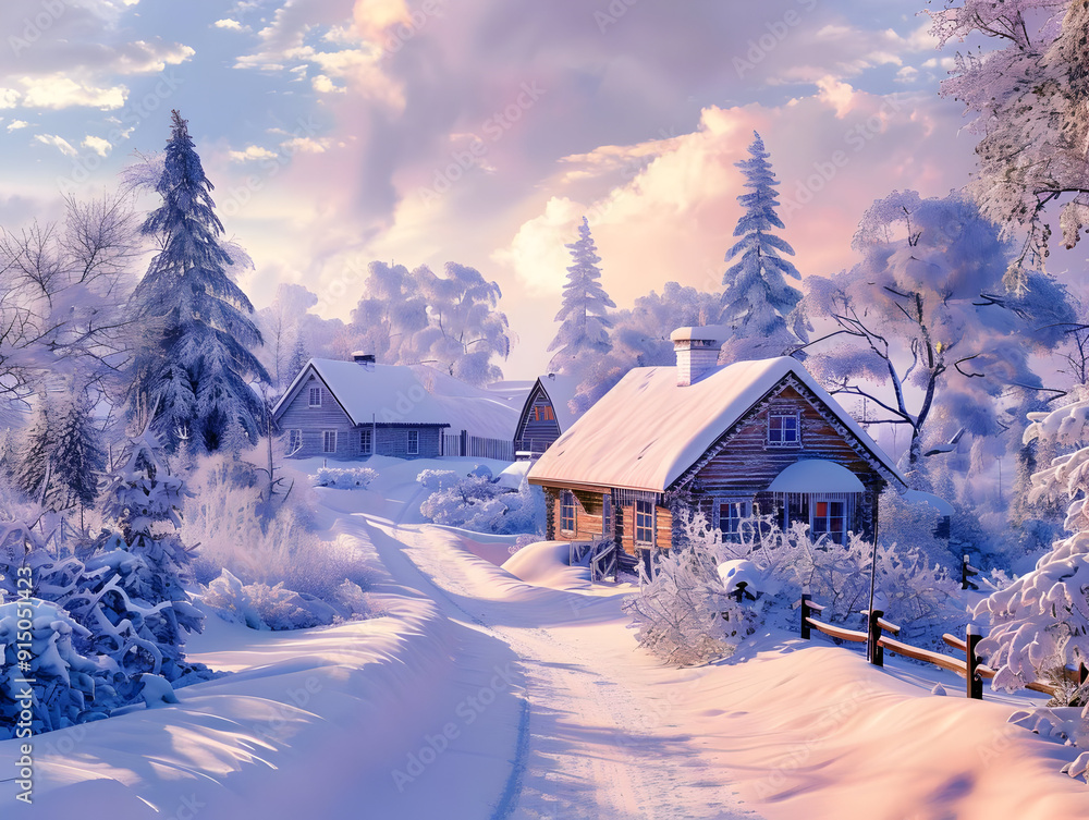 Snowy Winter Village Landscape Illustration Snowy Winter Village Landscape Illustration