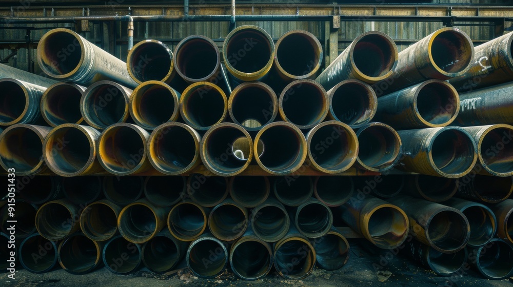 A collection of industrial metal pipes is stacked neatly, showcasing various sizes within a warehouse setting, emphasizing their utilitarian purpose and design. A collection of industrial metal pipes is stacked neatly, showcasing various sizes within a warehouse setting, emphasizing their utilitarian purpose and design.