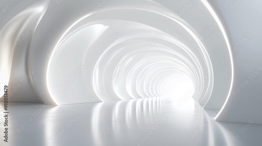 Fototapeta premium A long, white tunnel with a light shining through it. The tunnel is empty and the light is the only source of illumination
