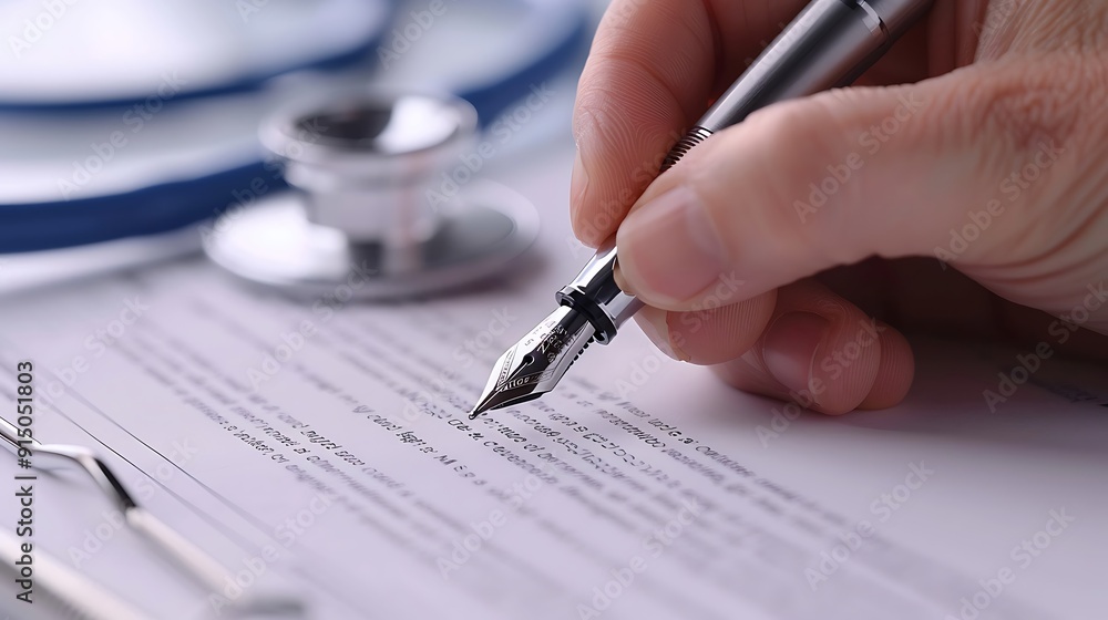 Close-up of a hand using a fountain pen to sign a medical consent form, clinic setting, white desk with stethoscope, consent text slightly out of focus, pen gleaming under office lights, hd quality, Close-up of a hand using a fountain pen to sign a medical consent form, clinic setting, white desk with stethoscope, consent text slightly out of focus, pen gleaming under office lights, hd quality,