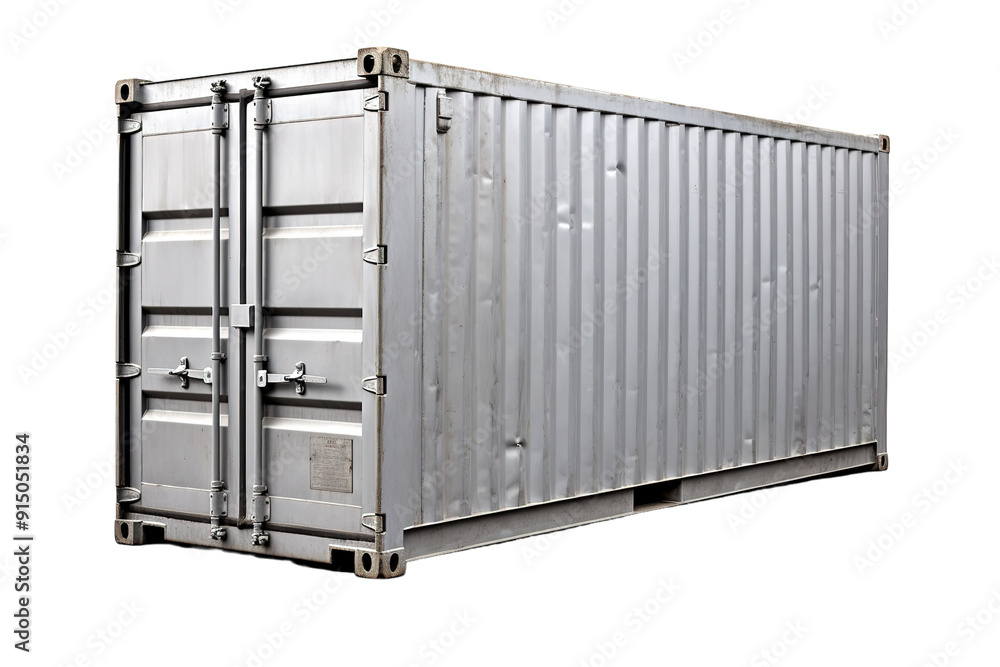 Silver Shipping Container Positioned Strategically on Dockside During Bright Daytime Weather on Transparent PNG Background.. Silver Shipping Container Positioned Strategically on Dockside During Bright Daytime Weather on Transparent PNG Background..