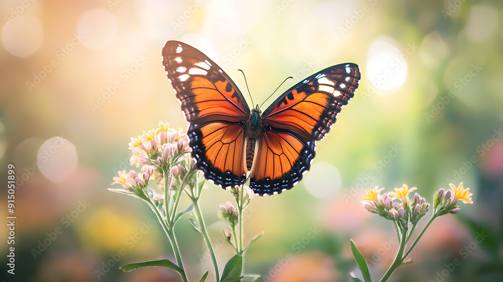 A butterfly perched on a flower in a meadow, its wings blending with the floral background A butterfly perched on a flower in a meadow, its wings blending with the floral background