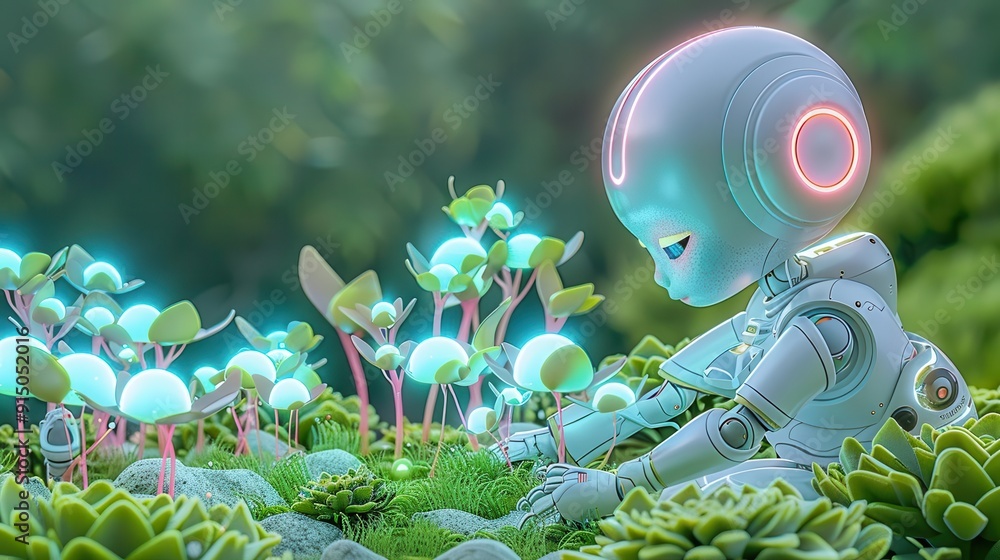 AI-powered robot tending to a garden of bioluminescent plants, glowing ...