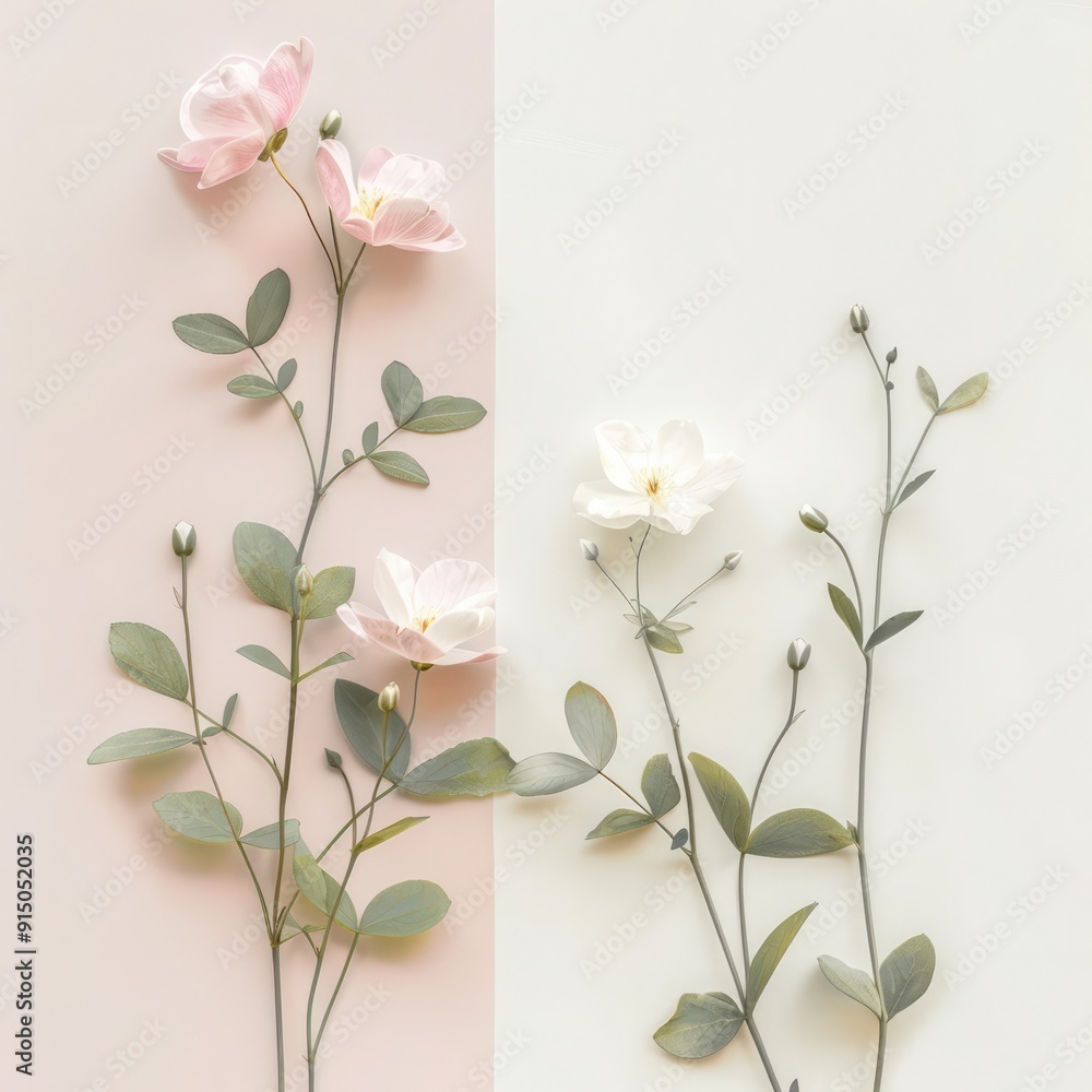 Naklejka premium Delicate pink and white flowers arranged with gentle leaves against a soft pastel background
