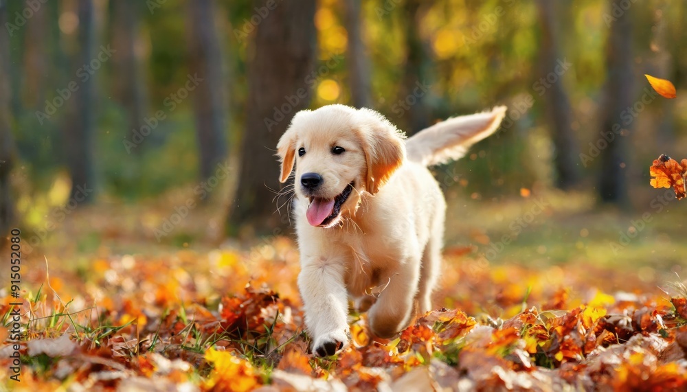 Golden Retriever Puppy Running in Autumn Leaves Golden Retriever Puppy Running in Autumn Leaves