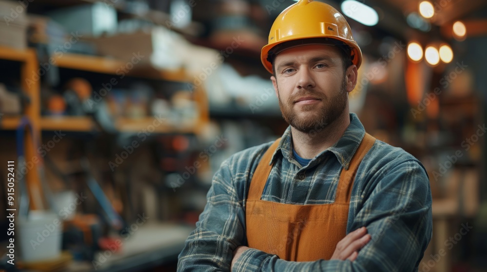 A confident construction worker in a hard hat stands with arms crossed in a workshop. A confident construction worker in a hard hat stands with arms crossed in a workshop.