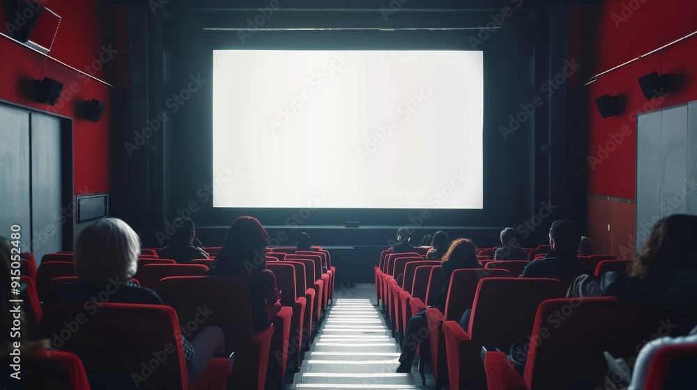 Fototapeta premium A cozy theater with plush red seats fills as an audience awaits the start of a film, illuminated by the soft glow from the screen.