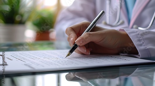 Close-up of a hand using a luxurious pen to sign a medical consent form, professional clinic setting, glass desk with medical documents, consent details slightly blurred, pen tip in sharp detail,