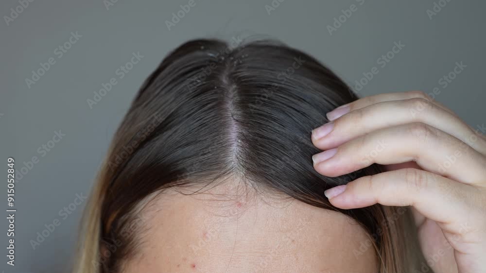 Young blonde woman applying essential cosmetic oil with a dropper to the parting rubbing it into the scalp with hands to strengthen, activate hair growth and reduce hair loss on a dark grey background Young blonde woman applying essential cosmetic oil with a dropper to the parting rubbing it into the scalp with hands to strengthen, activate hair growth and reduce hair loss on a dark grey background