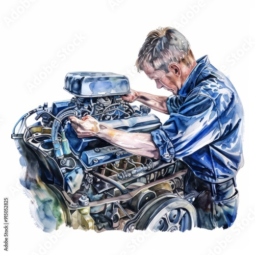 Watercolor painting of a mechanic fixing a car engine, on isolated white background