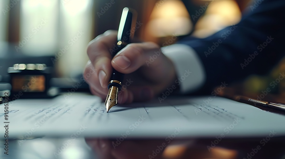 Close-up shot of a hand signing a confidential report document, luxury fountain pen in action, secure stamp in the background, office with modern decor, sleek desk, report text blurred, Close-up shot of a hand signing a confidential report document, luxury fountain pen in action, secure stamp in the background, office with modern decor, sleek desk, report text blurred,