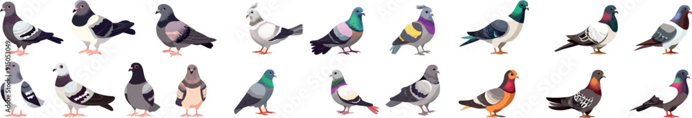 An illustration of a cartoon pigeon set. Doves flying on street corners, wild grey birds winging in the air An illustration of a cartoon pigeon set. Doves flying on street corners, wild grey birds winging in the air