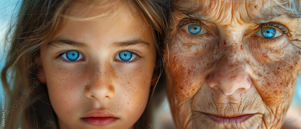 A closeup of a young girl and an elderly woman, both with striking blue eyes A closeup of a young girl and an elderly woman, both with striking blue eyes