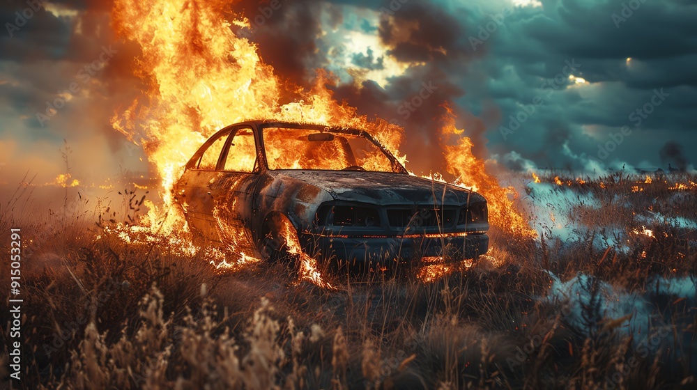 Abandoned car engulfed in flames in an open field Abandoned car engulfed in flames in an open field