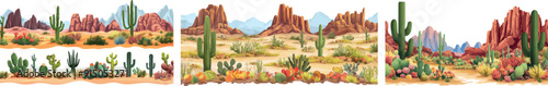 Set of cartoon prairies landscape with , mountains, and rocks.