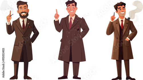 Retro detective with smoking pipe. Coat and hat worn by the investigator