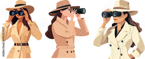 Professional surveillance cartoon character with binoculars..