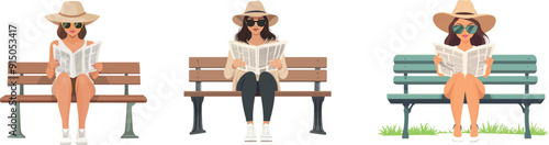 Professional spy character sitting on a park bench. Private investigator woman.