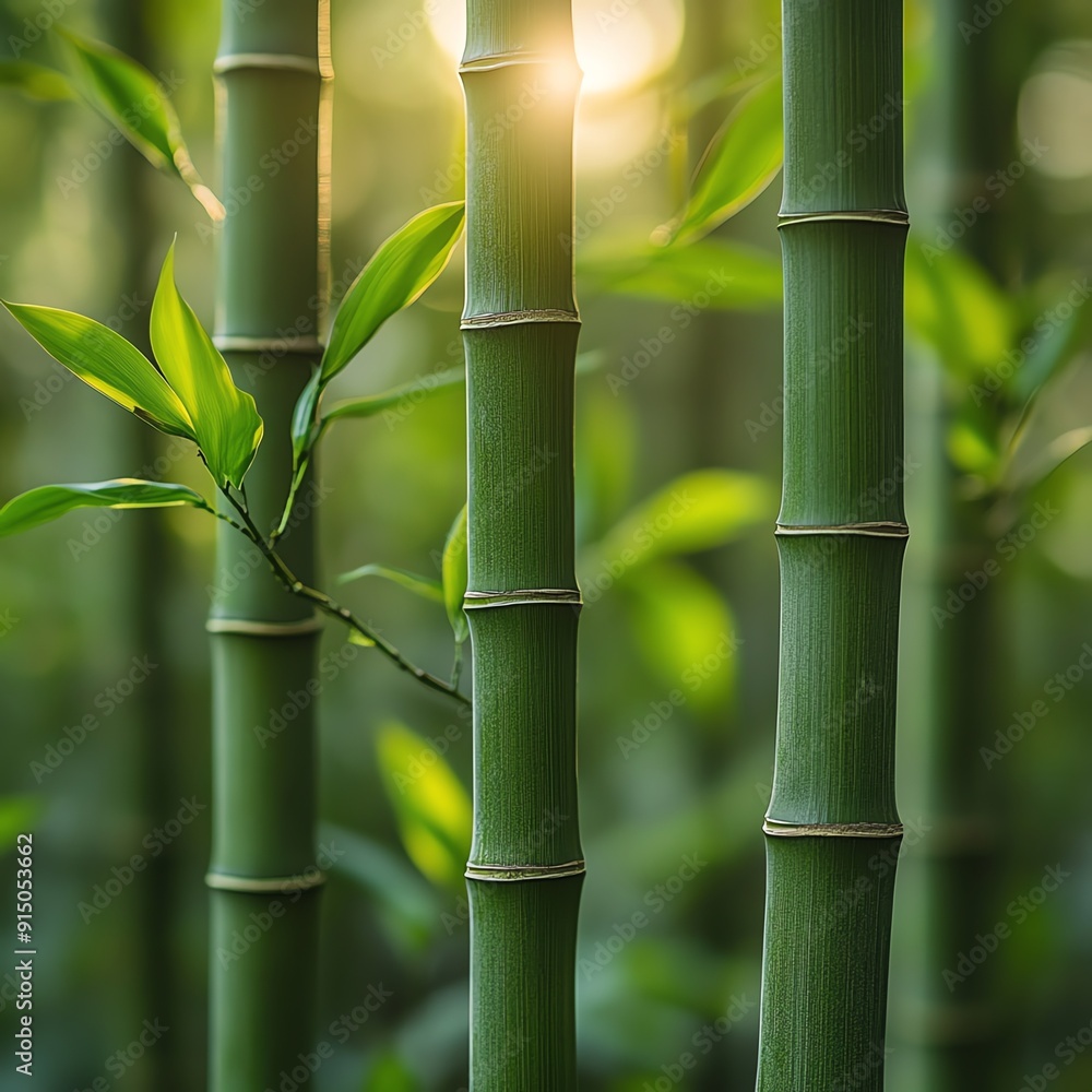Obraz premium Close-up of green bamboo stalks with sunlight filtering through, lush and tranquil atmosphere.