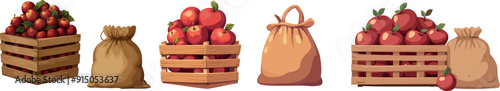 Illustration of apples in wooden box and canvas sack.
