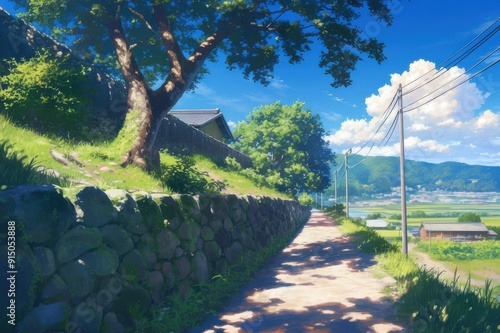 Naklejka 日本の田舎の風景のイラスト（田んぼ・里山・青空・雲・アニメ・家・自然）
