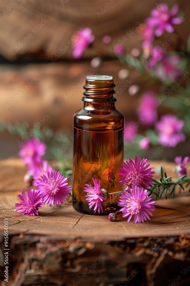 Essential oil bottle with pink flowers on rustic wood, natural wellness Essential oil bottle with pink flowers on rustic wood, natural wellness