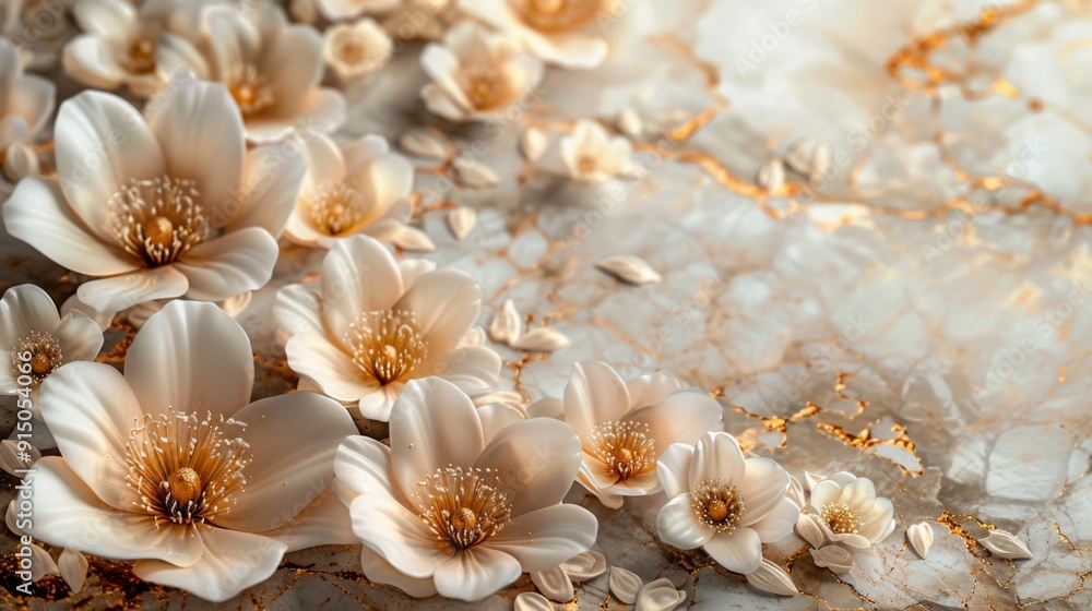 A sophisticated beige marble background, featuring intricate gold marbling and small beige chrysanthemum petals. A sophisticated beige marble background, featuring intricate gold marbling and small beige chrysanthemum petals.