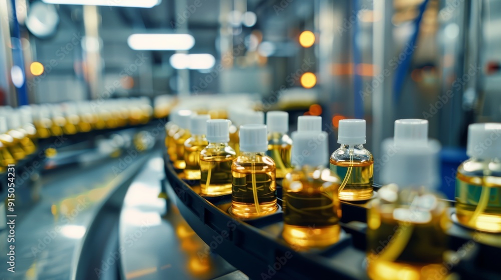 A dynamic image of an assembly line filled with rows of neatly arranged small bottles containing a golden liquid, indicating efficiency and organization. A dynamic image of an assembly line filled with rows of neatly arranged small bottles containing a golden liquid, indicating efficiency and organization.