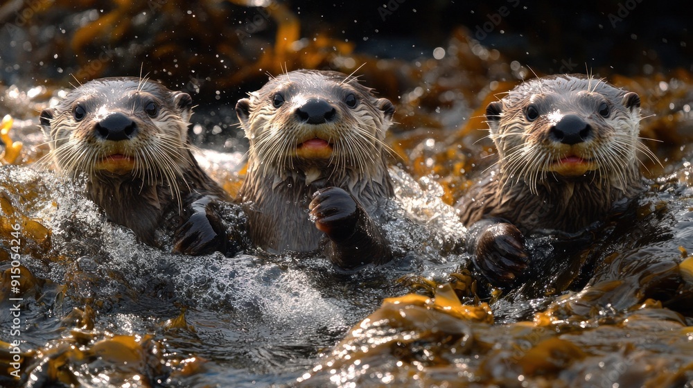 Three Playful Otters in a Kelp Forest Three Playful Otters in a Kelp Forest
